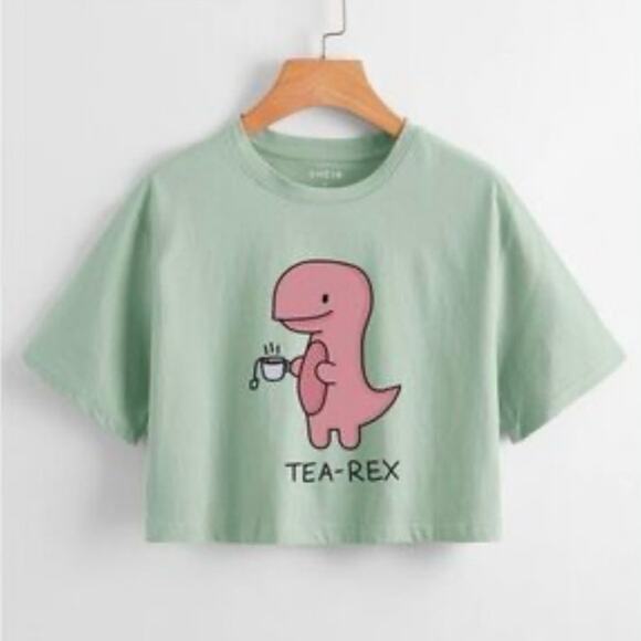 NWOT SHEIN Green Cropped Tee T-Shirt Tea-Rex Graphic Print Size Medium - Picture 1 of 5